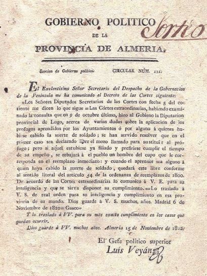 Circular del Gobierno Politico de Almería el 15 de noviembre de 1822